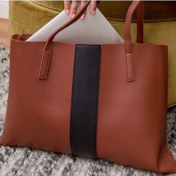 Vince Camuto Brown with Black Vegan Pebble Leather Tote Bag Purse - Picture 1 of 10